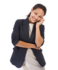 Image showing Business woman, phone call and portrait of a woman feeling happy about mobile conversation. White background, isolated and black woman making job contact for marketing vision and working smile