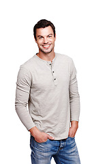 Image showing Portrait, fashion and casual with a man model in studio isolated on a white background looking happy. Smile, cool and modern with a handsome male posing in contemporary clothes for trendy style
