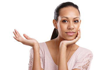 Image showing Black woman, portrait and hand palm for advertising space for product placement and motivation. Face of female model holding mockup for promotion, discount or deal offer isolated on white background