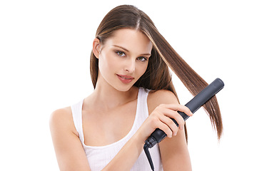 Image showing Woman with hair care, iron for hair and beauty portrait, cosmetic care and electric tools against white background. Straight hair, keratin and treatment with hairstyle mockup, wellness and grooming