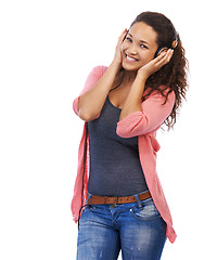 Image showing Music headphones, portrait and woman in studio isolated on a white background. Face, relax and happy female with hifi headset streaming, listening or enjoying podcast, radio or audio, song or album.