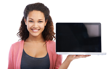 Image showing Woman with laptop mockup, tech and portrait with internet connection, wifi and wireless connection against studio background. Website, digital and pc with marketing and technology product placement
