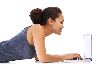 Image showing Education, laptop and woman learning on studio floor on creative, homework or project on space. Thinking, study and university student relax, smile and happy for distance learning on white background