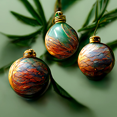 Image showing Green and golden christmas decorations on fir tree.