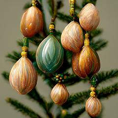 Image showing Green and golden christmas decorations on fir tree.