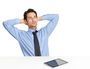 Image showing Businessman, tablet and relax back at desk in studio for lunch break, nap or daydream after web planning, tech analysis or sales growth. Man, relax and thinking for website fintech startup strategy