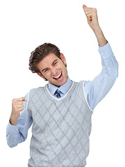 Image showing Winner, success celebration and business man in studio isolated on a white background. Face, portrait and happy male entrepreneur celebrating victory, lottery or goal achievement, targets or winning