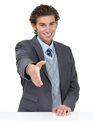 Image showing Face, business man and handshake in studio isolated on a white background. Portrait, greeting and male entrepreneur shaking hands for deal, agreement or contract, onboarding or welcome introduction.
