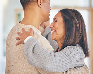 Image showing Senior happy couple, dancing and smile in home, holiday or romantic celebration with love, bonding and care. Couple, dance and happiness for marriage, memory and quality time together in lounge