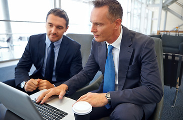 Image showing Planning, laptop and business people or partner in lobby meeting for digital, website or online financial strategy. Corporate businessman with manager in finance management, stock market or budget