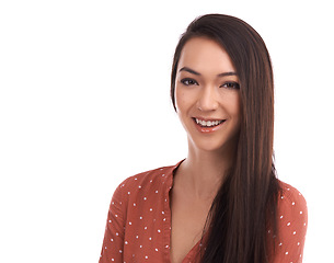 Image showing Beauty, studio portrait and face of woman with natural makeup, facial skincare glow and cosmetics mockup space. Happiness, smile and mock up headshot of happy model girl isolated on white background