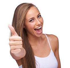 Image showing Thumbs up, thank you and portrait of a woman with motivation isolated on a studio background. Success, smile and model with a hand emoji sign for agreement, win and goal on a white background