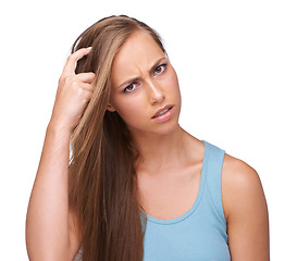 Image showing Confused, doubt and portrait of woman with question scratching head for problem, decision or fail. Anxiety, stress and puzzled model with confusion on face at isolated white background.