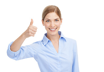 Image showing Business woman, happy portrait and thumbs up for winning, approval or thank you for support or service. Face of female with like hand emoji for deal, sale or discount isolated on white background