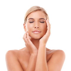 Image showing Skincare, makeup and woman in studio for wellness, grooming and hygiene on white background. Skin, beauty and girl model relax after skin treatment, cosmetics and dermatology care, calm and soft