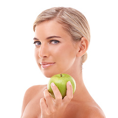 Image showing Apple, health and face portrait of woman with fruit product to lose weight, diet or body detox for wellness lifestyle. Healthcare model, nutritionist food and vegan girl on white background studio