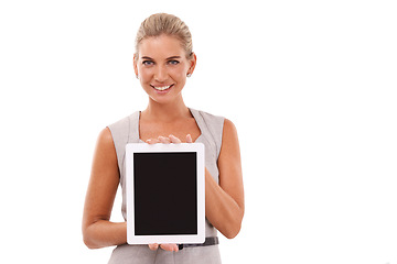 Image showing Tablet mockup, portrait and businesswoman with white background isolated in studio for advertising space. Happy worker, female model and digital mock up screen, website and email marketing platform