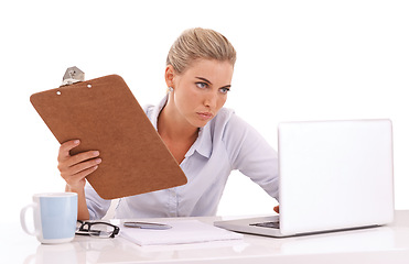 Image showing Thinking business woman, laptop or clipboard on white background for cv review or recruitment advertising. Human resources, hr or worker with technology, paper documents or isolated innovation vision