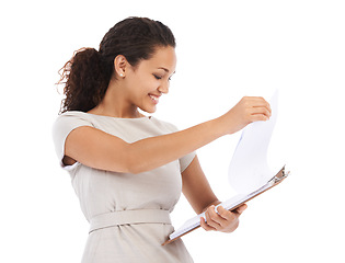 Image showing Business, checklist and black woman with smile, clipboard survey or report on white background. Management, schedule data and happy small business woman receptionist checking inventory list in studio