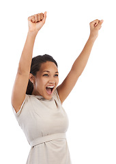 Image showing Business, celebration and excited black woman with arms up and white background mockup. Wow, win and celebrate, happy winning woman with smile, empowerment and happiness, celebrating deal success.