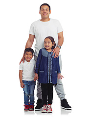 Image showing Family, happy portrait and children with their father in studio for happiness, love and care. Smile of a man and kids isolated on a white background for bonding time, support and belonging or trust