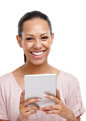 Image showing Woman, tablet and smile for digital marketing, social media or research against a white background. Portrait of isolated attractive young female holding wireless touchscreen for online entertainment