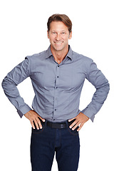 Image showing Mature businessman, portrait or hands on hips on an isolated white background on a finance or investment mission. Smile, happy or professional ceo with a success mindset and confidence in studio