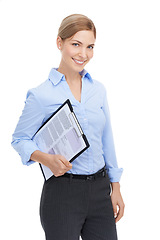 Image showing Hr manager, portrait or paper clipboard on isolated white background for cv review, recruitment help or job interview. Smile, happy worker and business woman with contract documents for we are hiring