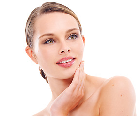 Image showing Beauty model, face or skincare with makeup cosmetics, dermatology self love or healthcare wellness routine. Zoom, happy woman or hand on facial glow, healthy collagen or hairstyle on white background