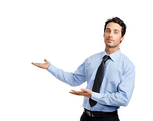 Image showing Face, hands and businessman pointing to mockup, space and blank advertising in studio. Portrait, entrepreneur and man CEO with hand gesture showing mock up background for vision, idea or planning