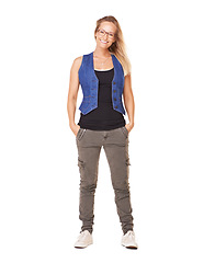 Image showing Woman, portrait and happy in studio with clothes, sneakers and glasses for style by white background. Model, clothing and urban fashion shoes for lifestyle, beauty or comfort with smile by backdrop