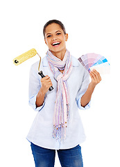 Image showing Happy woman, portrait and color swatch roller on isolated white background in house, home or apartment wall ideas. Smile, happy and interior designer with painting tools, vision and DIY mockup tools