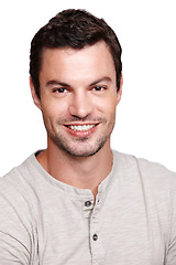 Image showing Portrait, face and happy with a man model in studio isolated on a white background for product placement. Marketing, advertising or fashion with a handsome young male posing to promote on blank space