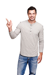 Image showing Man, pointing finger and studio portrait with mockup space for advertising isolated on a white background. Happy male model from France showing hand for promotion idea, announcement and brand product