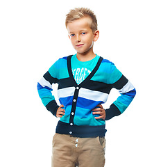 Image showing Boy, kid and standing in studio, white background and isolated alone. Portrait of cute young child, model and casual kids lifestyle for healthy growth, youth development and confidence of school boy