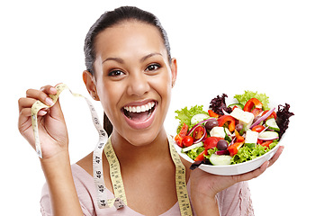 Image showing Diet, measuring tape and portrait of woman with salad for health, wellness and lose weight nutrition lifestyle. Smile of happy black woman with healthy food on isolated white background.