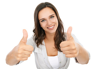 Image showing Woman, happy portrait and thumbs up of a beautiful model isolated with white background. Yes, thank you and success hands sign with motivation and winning agreement vision of a female and mockup