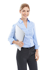 Image showing Employee in portrait with laptop woman and business with technology and internet network on white background. Company communication, email and working with happy professional female and tech mockup