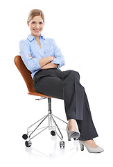 Image showing Portrait, arms crossed and business woman on chair in studio on white background. Ceo, boss and smile of happy, confident or proud female entrepreneur from Canada sitting on seat with success mindset