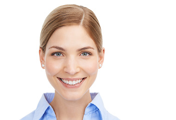 Image showing Portrait, mockup and trust with a business woman in studio on a white background for marketing or advertising. Mock up, brand and about us with a female employee posing to promote product placement