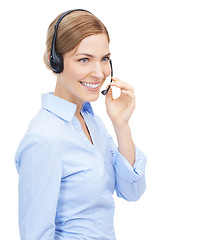 Image showing Customer service, face and woman at call center in studio isolated on a white background mock up. Crm, thinking and smile of happy female telemarketing worker, consultant or sales agent with headset.