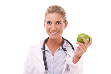 Image showing Woman doctor, apple and studio portrait for nutrition, wellness and smile by white background. Happy isolated medic, fruit and nutritionist with health for vitamin c, natural diet and healthy food