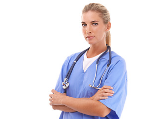 Image showing Proud doctor in healthcare portrait on a white background for medical wellness with innovation, service and trust. Nurse or medical worker with stethoscope in studio mock up advertising or marketing