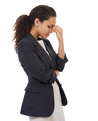 Image showing Tired, anxiety and work stress of a black woman business worker with headache and white background. Corporate worker, isolated and vertical mockup of a entrepreneur frustrated about job fail