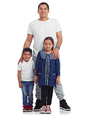 Image showing Family, muslim and father with children portrait happy about eid, love and big family care. White background, isolated and dad with islamic kids together with a parent and happiness together