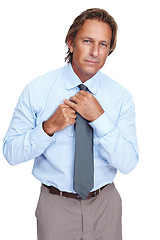 Image showing Businessman, tie dressing and man portrait of a model dress for corporate job with white background. Isolated, finance employee and vertical professional worker person getting ready for working