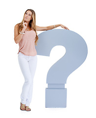 Image showing Thinking, question mark and woman on a white background with sign for decision, ideas or problem solving. Confused, question and doubt of model with why icon, font or cardboard for solution in studio