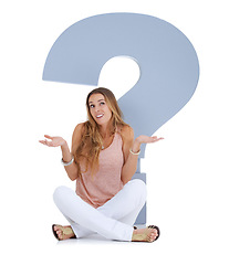 Image showing Question mark, confused and woman in studio with sign for ideas, decision and problem solving on mockup. Memory fail, question and doubt of model with why icon, font or cardboard for solution search