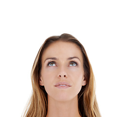Image showing Idea, young woman and thinking above of model with, planning and thoughtful ideas and mock up. Beautiful female face think isolated looking up with white background and person in studio copyspace