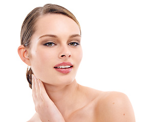 Image showing Skincare, salon and portrait of woman in studio for wellness, dermatology and facial treatment. Spa, aesthetic and hands on face of girl with cosmetics, makeup and beauty products on white background